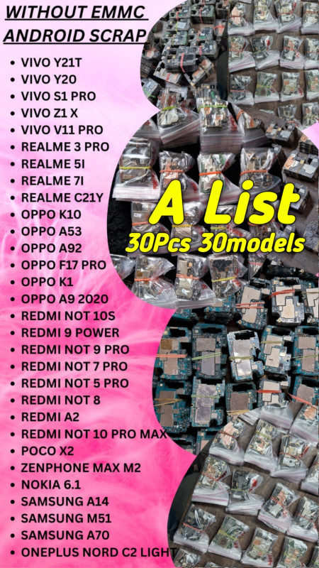 Scrap Motherboard A List (Without eMMC) – Android Mobile PCB Lot (30 Models)